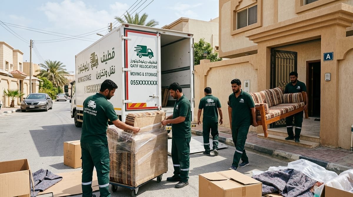 طاقم دار الهنا يغلف وينقل أثاث مجلس وكراتين شقة عائلية في محافظة القطيف