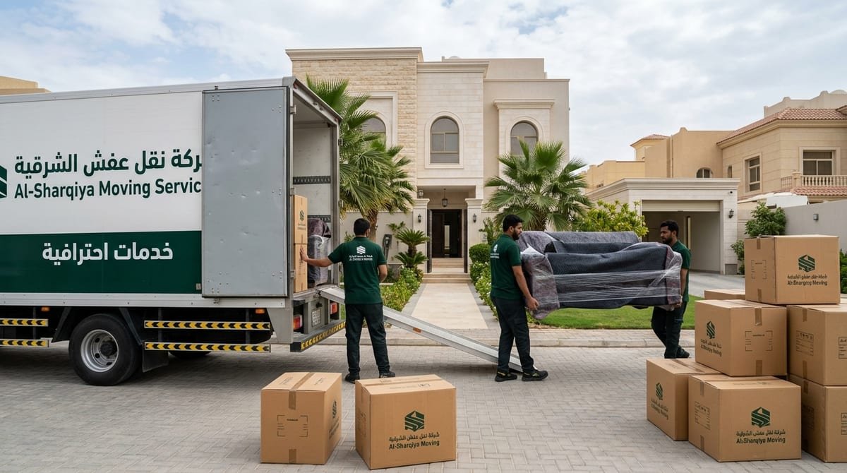 فريق دار الهنا لنقل العفش والتغليف في المنطقة الشرقية أمام فيلا سكنية حديثة